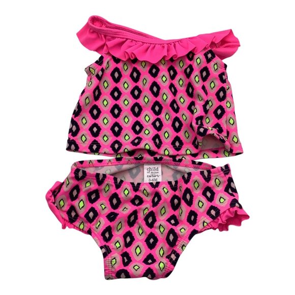 Child Of Mine Baby Girl Swimsuit 3-6M 2 Pc Pink Diamond Print With Ruffle Trim - Picture 1 of 11
